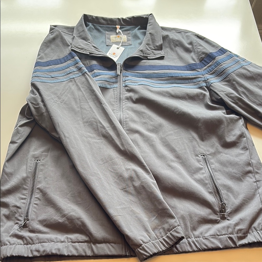 Marine Layer Gray Windbreaker with Blue Stripes